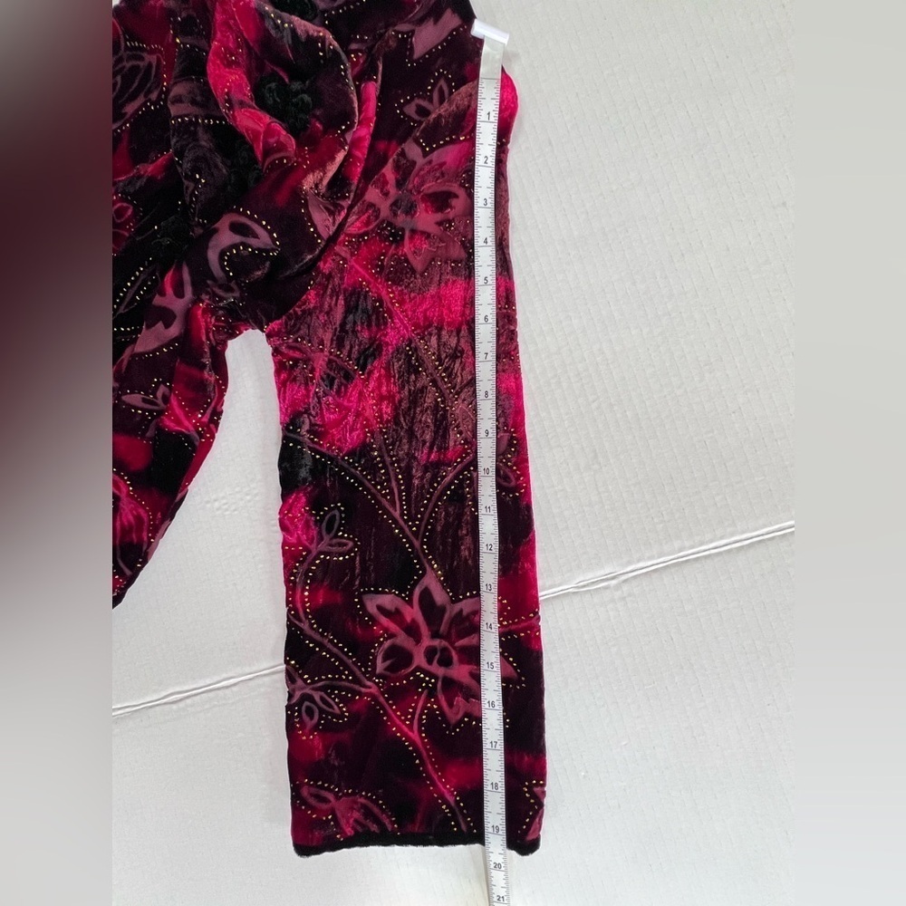 ARIA A Medium Fall Color Velvet Burnout Silk Blend Asian Kimono Top Frog Closure - Picture 6 of 12